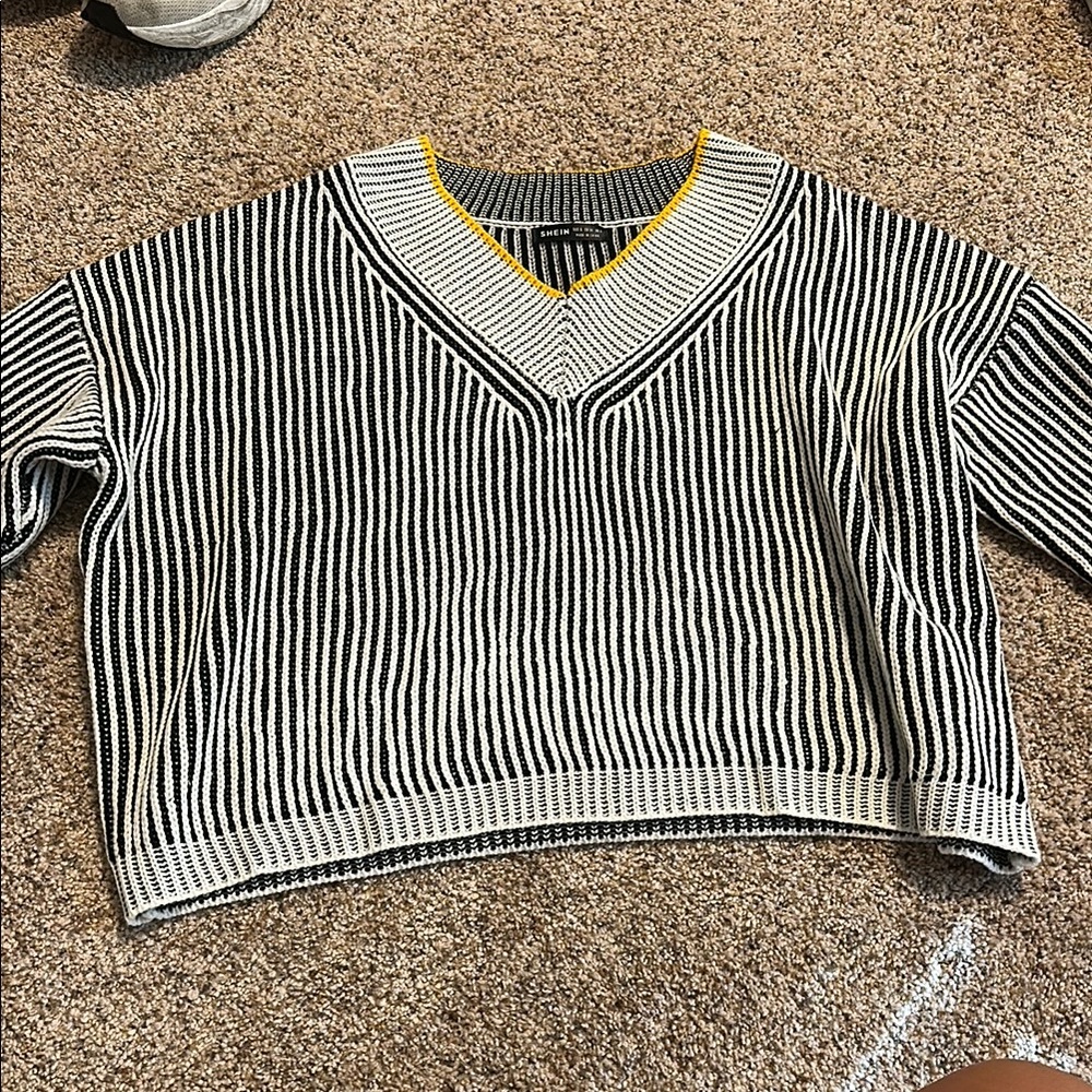 SHEIN Black and White Striped V-Neck Sweater